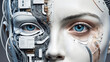 © Adrian Grosu - Close-up of a stylized humanoid face, half human, half robot. Artificial intelligence concept.