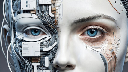 Wall Mural - close-up of a stylized humanoid face, half human, half robot. artificial intelligence concept.