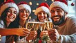 © Oleksandr Kozak - Christmas, toast and friends with alcohol in office for party celebration, social gathering and company lunch. Happy team, diversity and group of people with champagne for festival, cheers or holiday