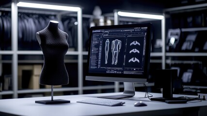 Modern Fashion Design Studio with Computer and Mannequin for Digital Clothing Prototyping and 3D Modeling