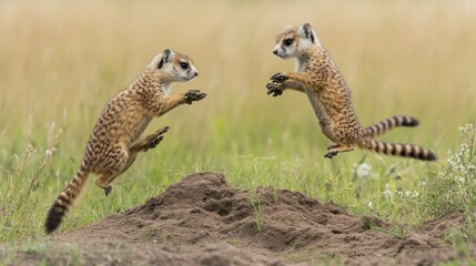 Wall Mural - Two Meerkat Pups Leaping Over a Burrow in Grassland