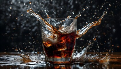 Dynamic splash of cola from glass against a dark backdrop