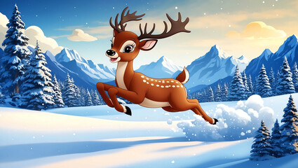 Wall Mural - Cartoon deer jumping through the snow with mountains and sky background