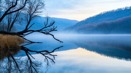 Wall Mural - Serene Dawn at a Misty Tranquil Lake