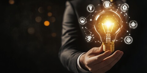 A businessman holds a glowing lightbulb, symbolizing innovation.