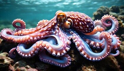 Wall Mural - Elegant octopus gracefully swimming in vibrant blue ocean waters