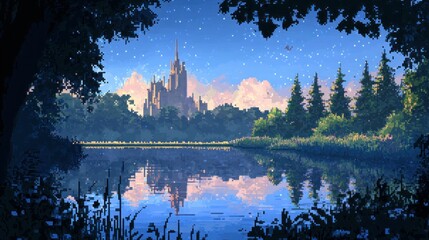 Poster - A Distant View of a Cityscape Reflected in a Still Lake