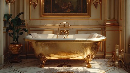 Wall Mural - Golden Bathtub in a Luxurious Bathroom