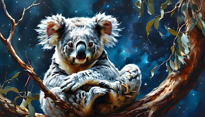 Wall Mural - Cosmic Koala Guardian Nestled in Celestial Tree Branches