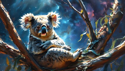 Cosmic Koala Guardian Nestled in Celestial Tree Branches