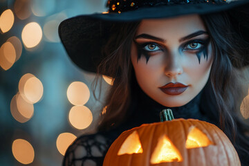 Canvas Print - mysterious person holding glowing pumpkin halloween night design generative ai