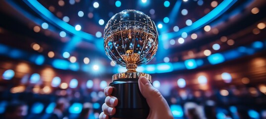 Wall Mural - trophy award for music nomination winner with bokeh stage background. music entertainment industry. 