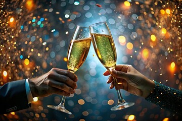 Congratulations on the New Year 2025. The banner. A man and a woman celebrate Christmas or New Year together with champagne in their hands. Close-up of glasses.