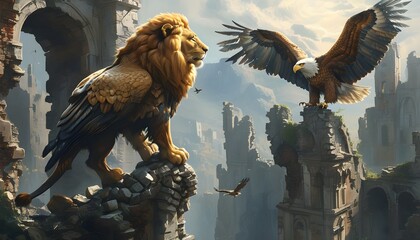 Wall Mural - mythical creature of lion and eagle perched on ancient ruins, embodying power and grace in a captivating fusion of nature and history