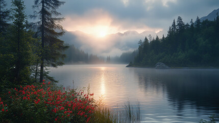 A serene morning at a mountain lake with mist rising from the water and the sun casting a warm glow over the scene