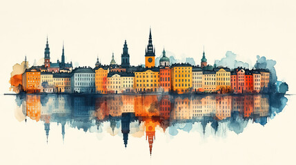 stockholm, sweden, color pen pencil hand-drawn effect drawing illustration for travel poster, card, 