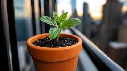 Small green plant in terra cotta pot on balcony against city skyline at sunset.