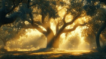 Wall Mural - Golden Sunlight Filtering Through a Majestic Oak Tree in a Forest