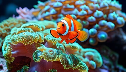 Wall Mural - Captivating Coral Reef Life: Swaying Anemones and Playful Clownfish in a Colorful Underwater World