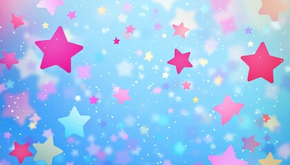 Poster - light blue 2d cartoon background featuring colorful stars blurred decorative design in a minimalist 