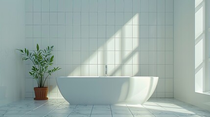 Wall Mural - Minimalist Bathroom with White Tiles and Bathtub