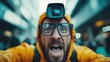©  Shomixer - A person dressed in a yellow outfit holds a camera, focusing on capturing moments in an urban environment, showcasing the intersection of technology, fashion, and city life.