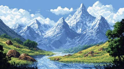 Wall Mural - A Pixelated River Winding Through A Mountain Valley