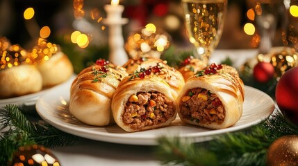 Buns with meat filling on a white plate, set against a New Year's Eve dinner table background. Realistic photo shoot, full-length