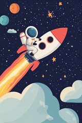 Wall Mural - Fantasy astronaut riding a rocket soaring through clouds into space Flat design in a whimsical 2D cartoon illustration style