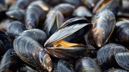 A collection of mussels with shiny black shells and bright orange yellow interiors rests on a surface, highlighting their freshness