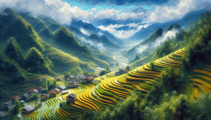 Wall Mural - impasto oil painting landscape of rice terraces of ha giang, vietnam