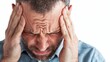 © bajita111122 - A close-up of a man clutching his head, migraine pain, photorealistic style, isolated on white background