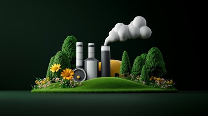 Wall Mural - Industrial Pollution: 3D Render of Factory Amidst Nature 