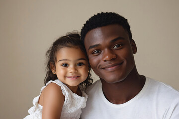 Wall Mural - Mixed racial Father and cute daughter smiling and interacting in front of a plain background, dressed in simple clothes, captured in a family photo portrait shoot showcasing their joyful bond