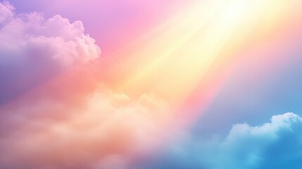 Vibrant midday sky with sunlight beams creating a pastel rainbow gradient in hues of orange pink and purple blue A serene minimalistic summer scene with soft light and blurred clouds