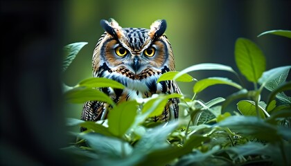 Mysterious Woodland Guardian with Owl Eyes Surrounded by Ancient Forest Foliage