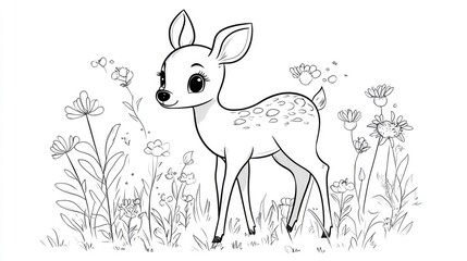 Black and white 2D cartoon illustration for stress relief Adorable educational game outline featuring a deer Ideal for coloring books prints t shirt designs stickers and labels