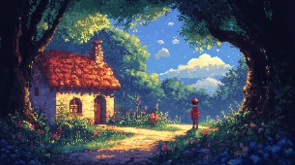 Wall Mural - A lone figure standing on a path leading to a small cottage in a lush forest setting