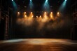 © MUdaylah - An empty theater stage with dramatic lighting, featuring multiple spotlights that illuminate the stage floor.with generative ai