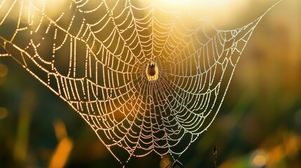 Sticker - Dew-Covered Spiderweb Glowing in the Morning Sun