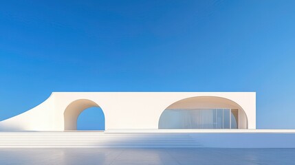 A white building with a curved archway and a large window