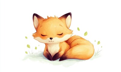 Wall Mural - Charming 2D cartoon illustration of an adorable fox in a hand drawn style Set against a white background evoking a delicate and dreamy atmosphere with pastel hues