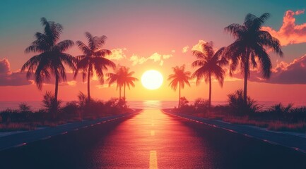 Wall Mural - Beautiful sunset on the road with palm trees in a tropical island