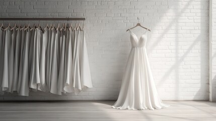 A beautiful white bridal gown hanging on a wooden hanger in a bright and sunlit room, side by side with multiple gowns, symbolizing elegance, purity, and celebration.