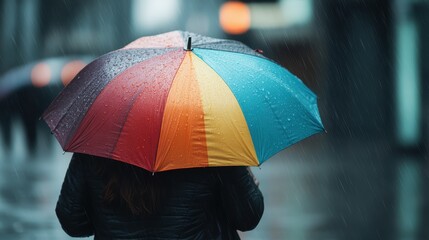 A vibrant image depicting a person holding a multi-colored umbrella in the middle of a rainy city street, capturing the essence of urban life, shelter, and a splash of color.