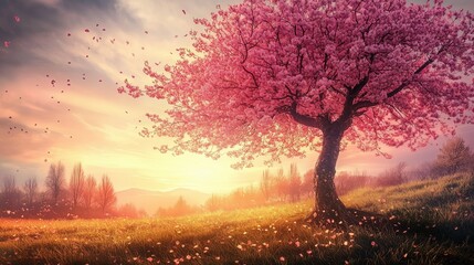 Wall Mural - A vibrant cherry blossom tree blooms at sunset in a peaceful landscape with rolling hills and gentle sunlight illuminating the scene