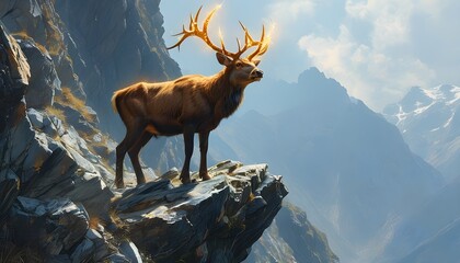 Wall Mural - majestic stag overlooking breathtaking mountainous landscape from a rugged cliff, showcasing strength and beauty