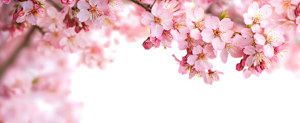 Wall Mural - A webpage banner of fresh bright pink cherry blossom flowers on a tree branch in spring, sakura springtime season, isolated against a transparent background.