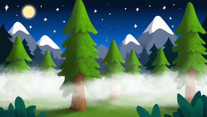 Wall Mural - Cartoon fog creeping through the trees with mountains and night sky background