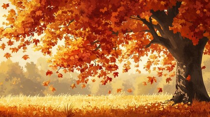 Poster - Autumn trees with vibrant orange leaves in a sunlit field during golden hour